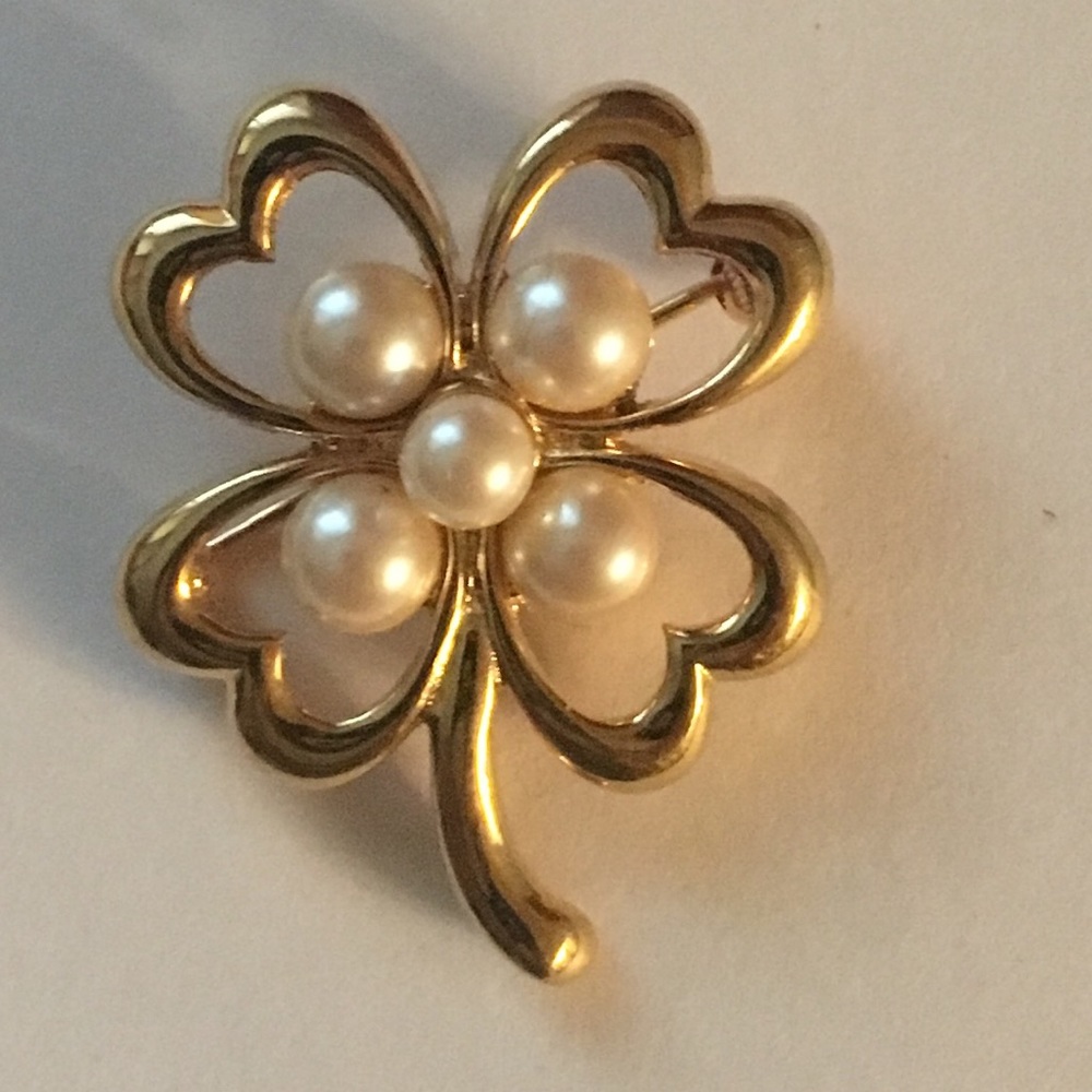 Signed Monet Brooch with Faux Pearls